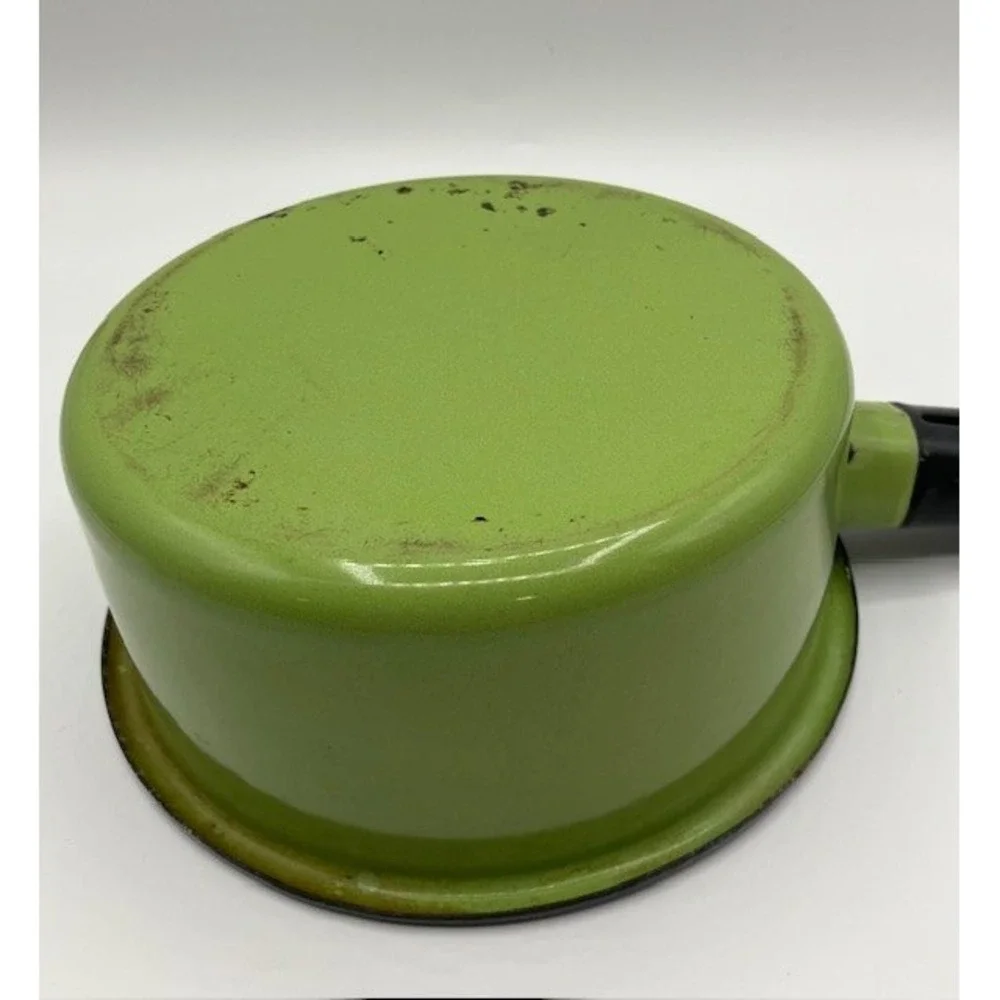 Vintage‎ Saucepan Enamelware Green/White Mid Century Modern Kitchen Decor 3 cup